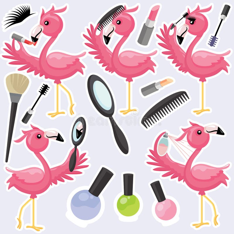 Conjunto colorido de maquillaje de flamingo rosa stock de ilustración