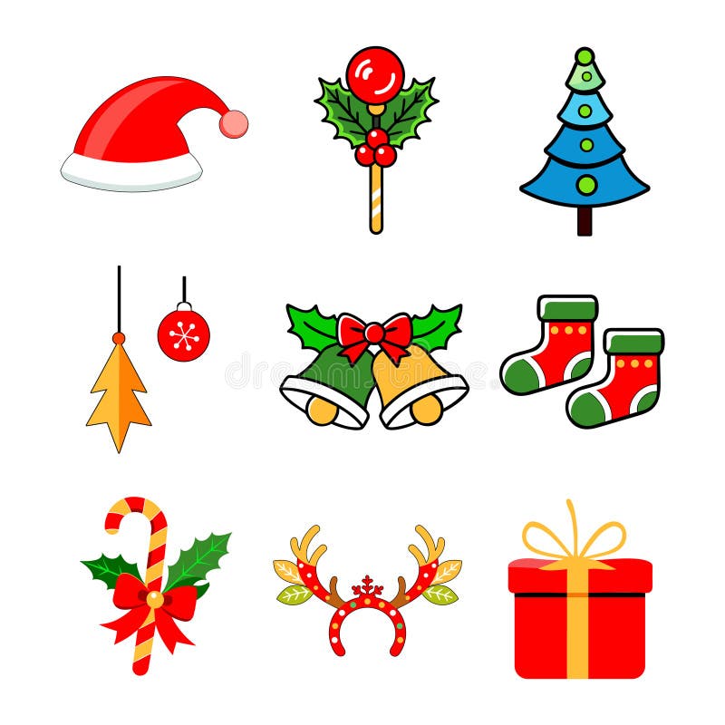 Conjunto completo de elementos de navidad : campanas de navidad adornos de calcetín lollipop lata caja de la cabeza y árbol. stock de ilustración