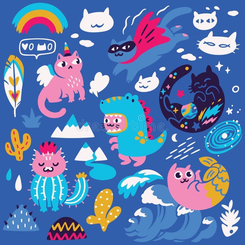 Conjunto con diferentes gatos kawaii dibujados a mano mermaid unicorn dinosaur y super héroe. ilustración vectorial stock de ilustración
