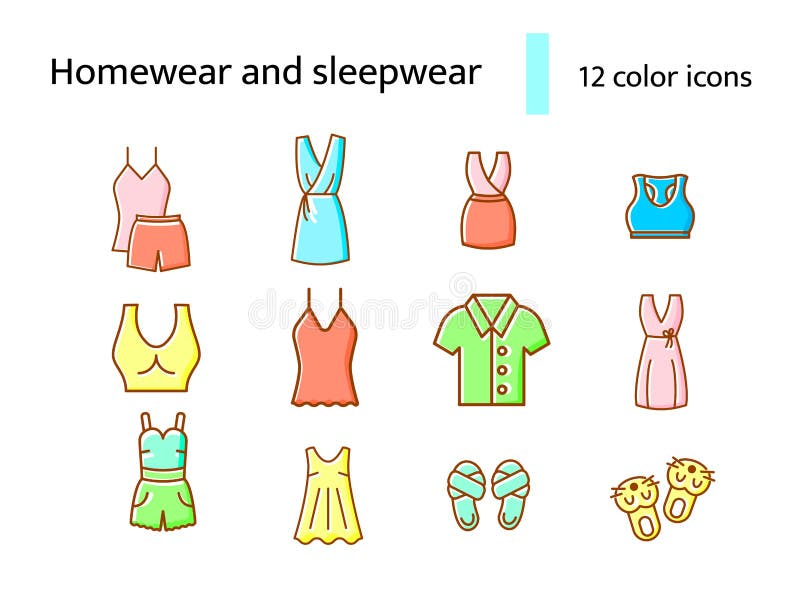 roupas confortáveis para conjunto de ícones de cores rgb em casa. top de  sutiã. moletom para mulheres e homens. corredores confortáveis. ilustrações  isoladas do vetor. coleção de desenhos simples preenchidos de pijamas