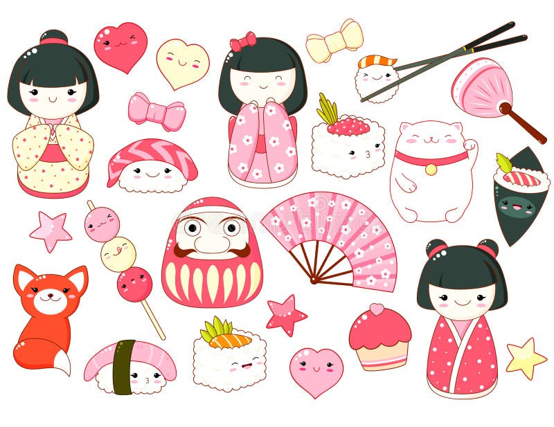 Kawaii Pequenas Bonecas Kokeshi Tradicionais Meninas Japonesas Quimono  Ilustrações Vetoriais imagem vetorial de arizona--dream© 439552022