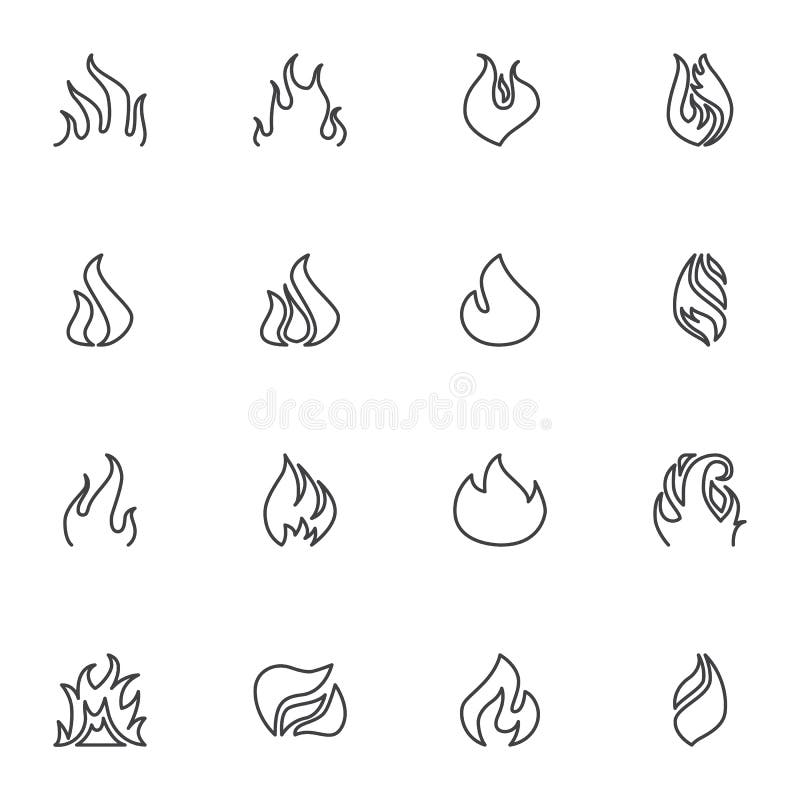 Conjunto de ícones de contorno de fogo e chamas