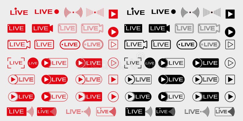 Ícones Vetoriais Streaming Vivo Botões Vídeo Preto Vermelho