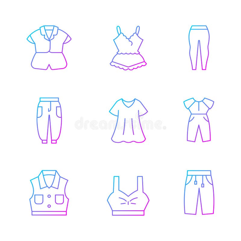 roupas confortáveis para conjunto de ícones de cores rgb em casa. top de  sutiã. moletom para mulheres e homens. corredores confortáveis. ilustrações  isoladas do vetor. coleção de desenhos simples preenchidos de pijamas