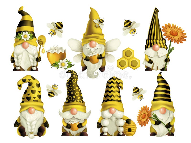 Set of gnomes bee in a yellow hat with a spoon, beehive and bees spring-summer dwarf Gnome honey Gnomish love. Hand-drawn digital drawings isolated on white background, for printing greeting cards. Set of gnomes bee in a yellow hat with a spoon, beehive and bees spring-summer dwarf Gnome honey Gnomish love. Hand-drawn digital drawings isolated on white background, for printing greeting cards