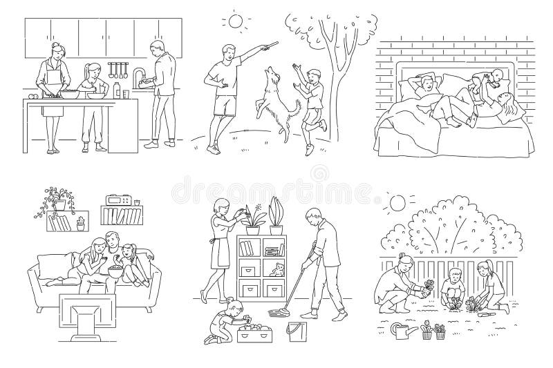 Conjunto De Actividades Familiares En El Hogar - Dibujos Animados De Padres  Y Niños Trabajando Y Relajándose Ilustración del Vector - Ilustración de  cocina, vector: 196815665
