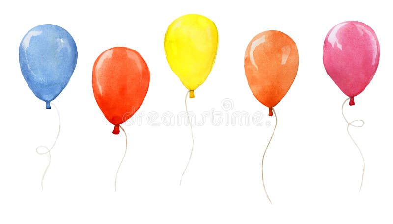 Watercolor set with colored balloons isolated on white background. collection of festive balloons, decoration for the holiday, birthday. balloons blue, red, orange, pink, yellow. Watercolor set with colored balloons isolated on white background. collection of festive balloons, decoration for the holiday, birthday. balloons blue, red, orange, pink, yellow