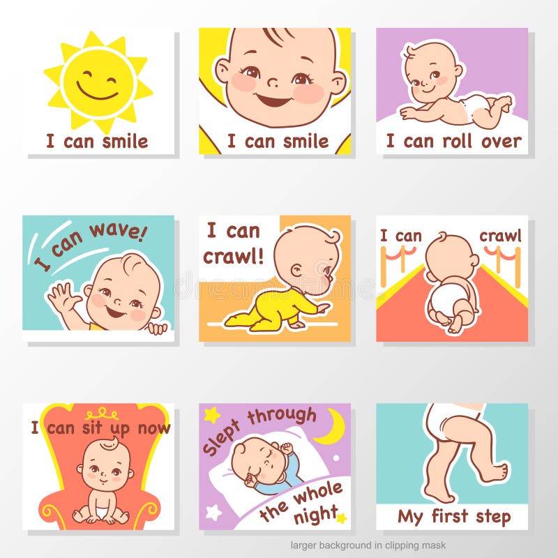 Conjunto de adesivos com etapas do bebê no primeiro ano ilustração stock