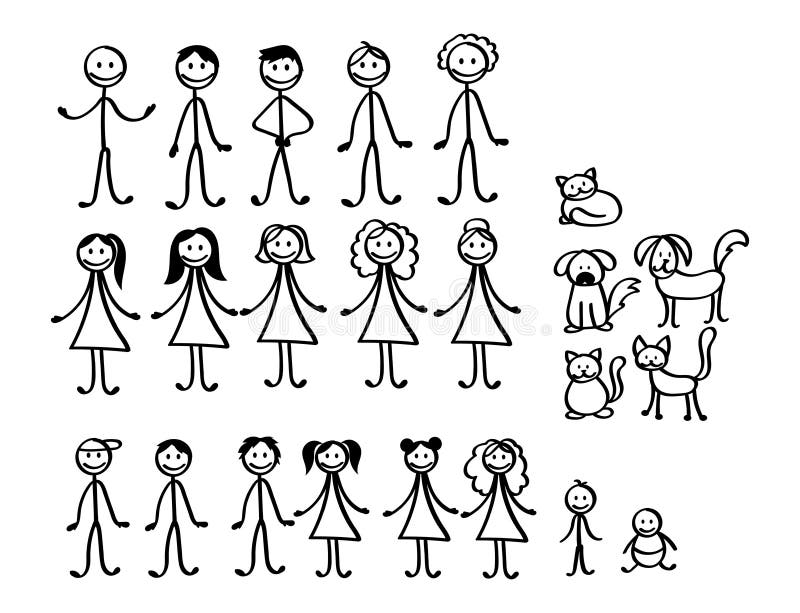 Conjunto de alegres caricaturas de la familia de figuras del doodle, hombre del palo. IlustraciÃ³n de Stickman con madre y padre e