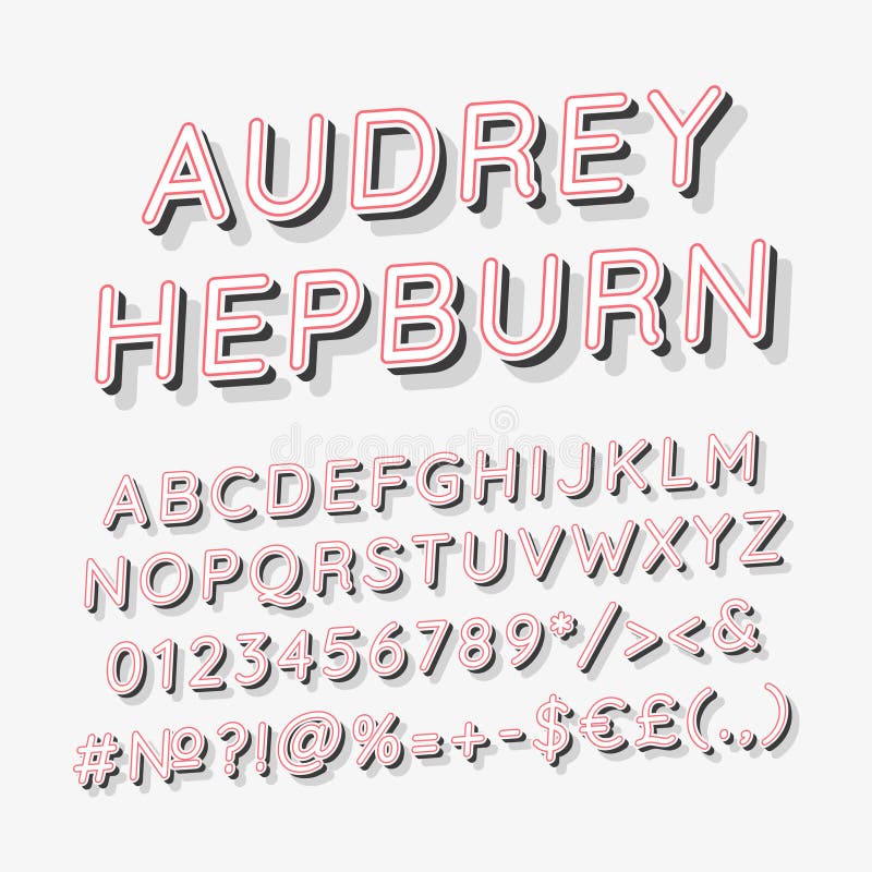 Audrey Hepburn vintage 3d vector alphabet set. Retro bold font, typeface. Pop art stylized lettering. Old school style letters, numbers, symbols pack. 90s, 80s creative typeset design template. Audrey Hepburn vintage 3d vector alphabet set. Retro bold font, typeface. Pop art stylized lettering. Old school style letters, numbers, symbols pack. 90s, 80s creative typeset design template