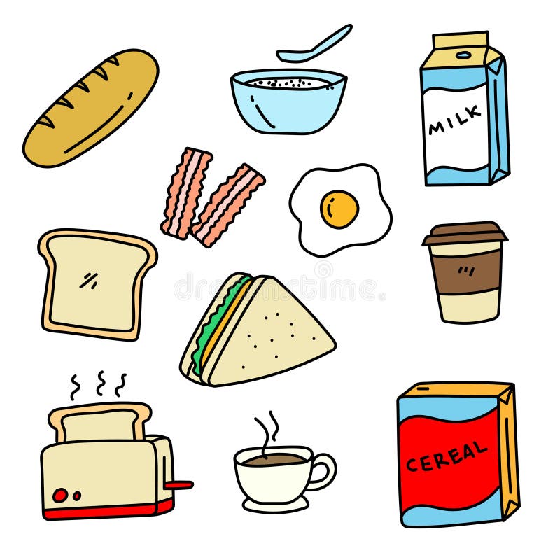 Conjunto De Alimentos De Desayuno Ilustración De Dibujos Animados Aislado  Sobre Fondo Blanco Ilustración del Vector - Ilustración de brunch, arte:  211344945