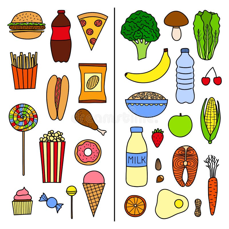 Conjunto De Alimentos Sanos Y No Saludables Ilustraci n Del Vector conjunto-de-alimentos-sanos-y-no-saludables-ilustraci-n-del-vector