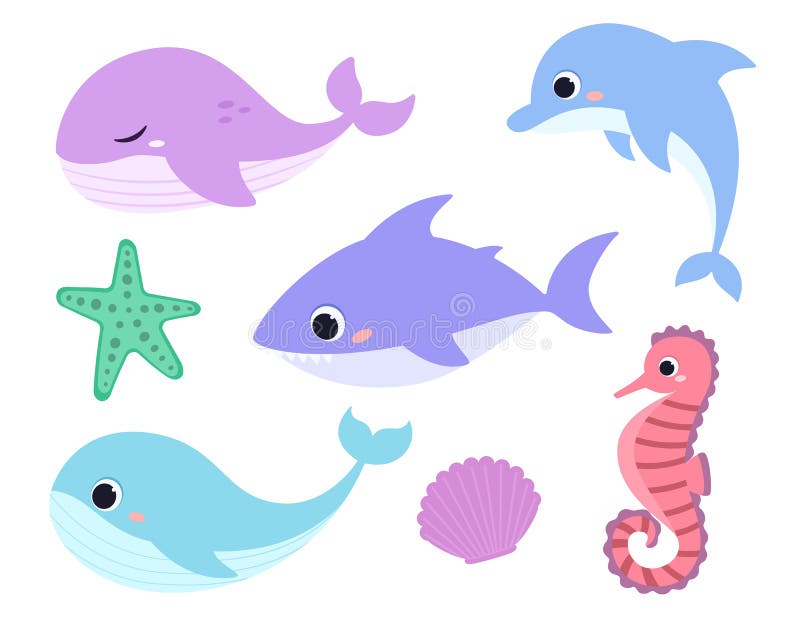 Animais marinhos fofos e sorridentes padrão de bebê kawaii impressão  vetorial perfeita com fundo do mar para roupas de banho e roupas de banho