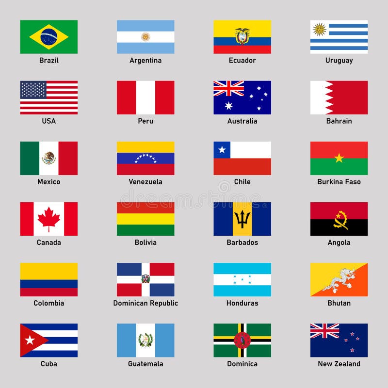 Conjunto de bandeiras de países de diferentes regiões em estilo