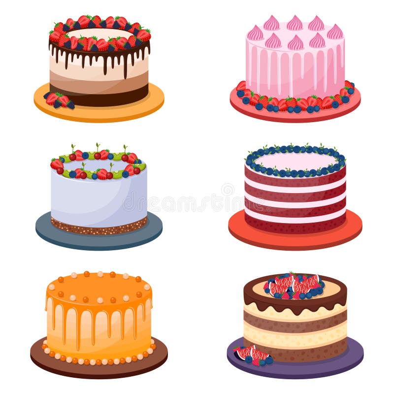 Bolos De Desenho Animado Sobremesas Deliciosas Coloridas, Bolo De  Aniversário Com Velas De Celebração E Fatias De Chocolate, Feri Ilustração  do Vetor - Ilustração de evento, gotejamento: 169757130