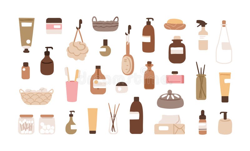 Cosmetic bottles, tubes, jars set. Bath toiletries, hygiene and care stuff. Soap, gel, cream, shampoo, washcloth and different bathroom items. Flat vector illustrations isolated on white background. Cosmetic bottles, tubes, jars set. Bath toiletries, hygiene and care stuff. Soap, gel, cream, shampoo, washcloth and different bathroom items. Flat vector illustrations isolated on white background.
