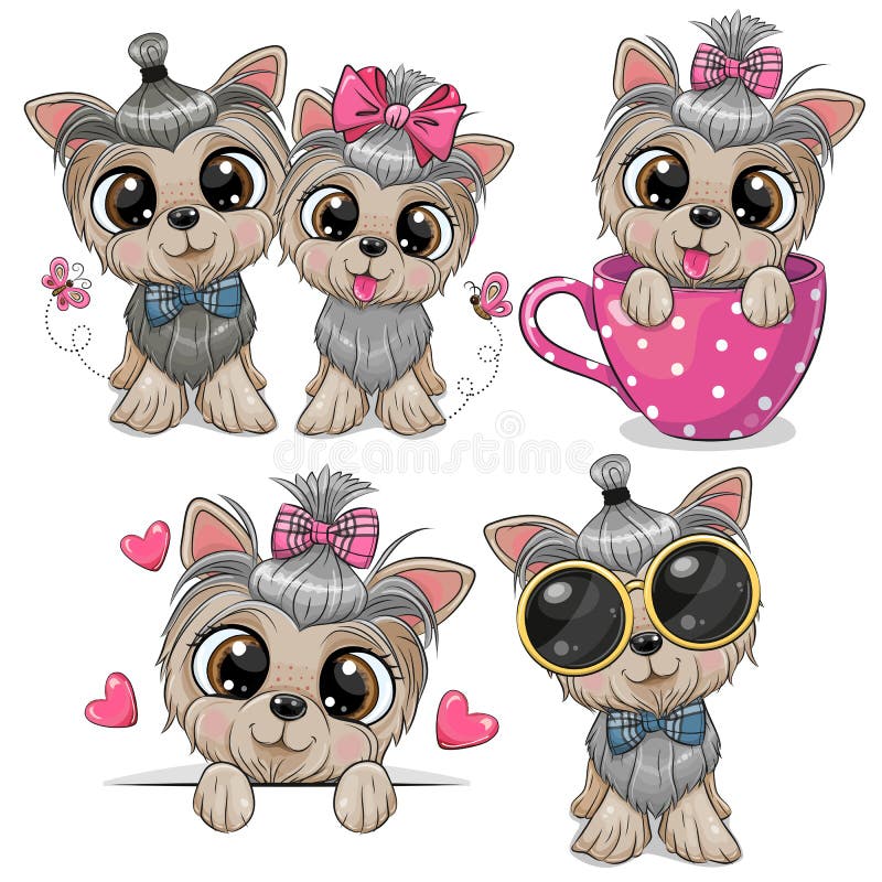 Conjunto de ilustração de desenho animado de cachorro kawaii fofo