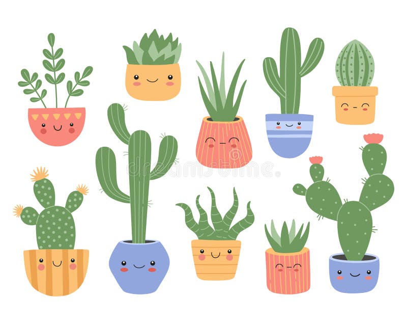 Grupo Bonito Do Kawaii Dos Desenhos Animados De Planta, De Plantas Carnudas  Do Cacto E De Flores Com Projeto Liso Das Caras Engra Ilustração Stock -  Ilustração de cactos, jogo: 102184516