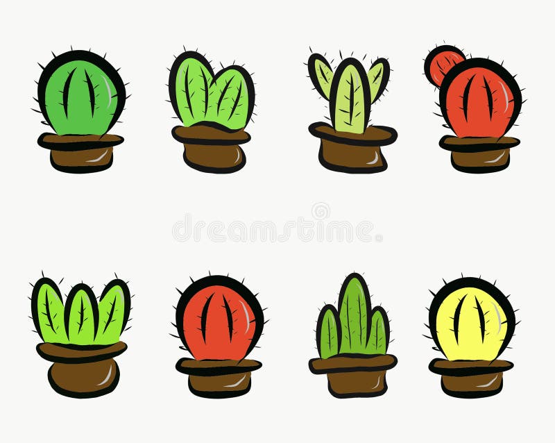 Conjunto de cactos em estilo simples de desenho animado isolado no