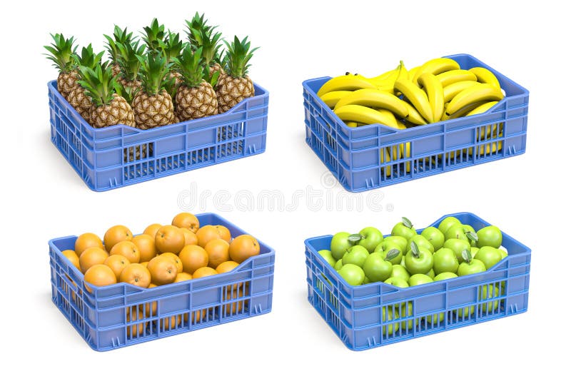 Conjunto De Cajas De Plástico Con Frutas De Manzana Banano Manzana Y Naranja En Blanco Stock de ilustración Ilustración de venta, agricultura: 195498198