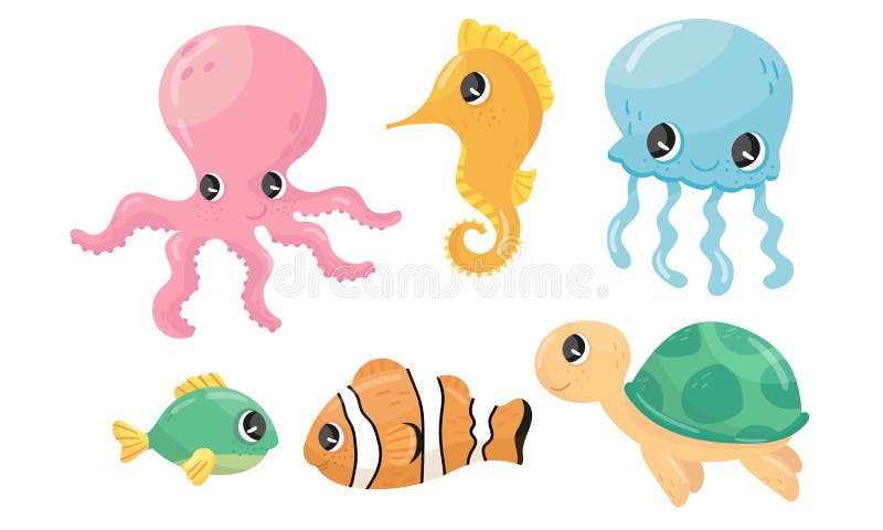 Animais subaquáticos de desenhos animados em aquarela bonitos pintados à  mão conjunto de ilustração engraçada