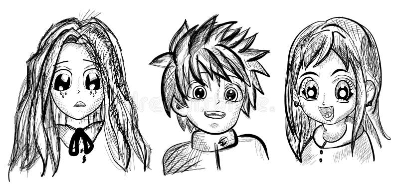 Conjunto De Expressões De Estilo De Anime De Desenho Animado. Imagem De  Contorno Para Manga. Ilustração do Vetor - Ilustração de elemento, rabisco:  178762589