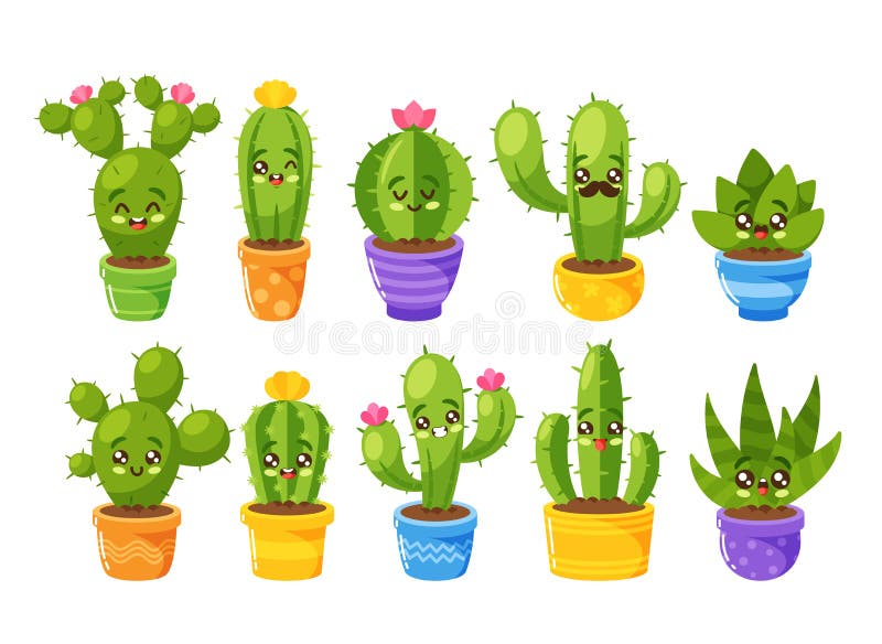 Conjunto de cactos de desenho animado conjunto bonito de cactos coloridos  de aloe com flores