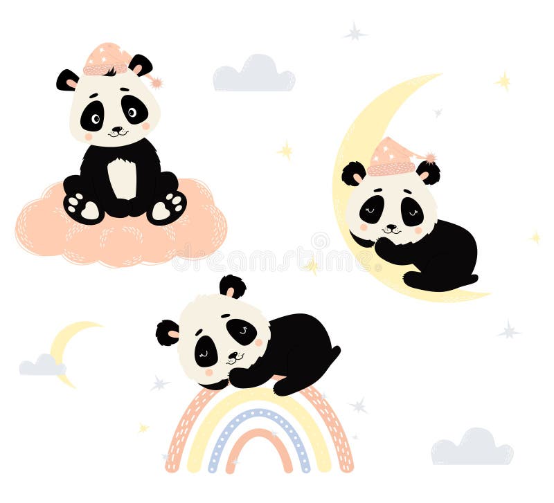 Um conjunto com ursos panda fofos ilustração vetorial para