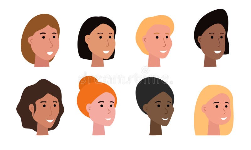 Conjunto de caras sonrientes de mujeres de diversas etnias y con diferente tono de piel y cortes de pelo