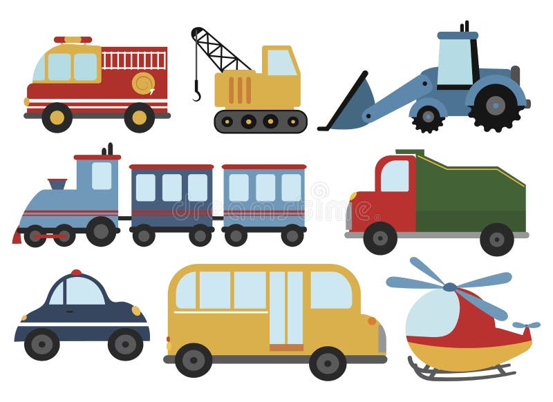 conjunto de carros da cidade do bebê. transporte engraçado. ilustração  vetorial dos desenhos animados em estilo simples infantil simples para  crianças. o carro de bombeiros, ambulância, polícia, ônibus escolar e  corridas isoladas