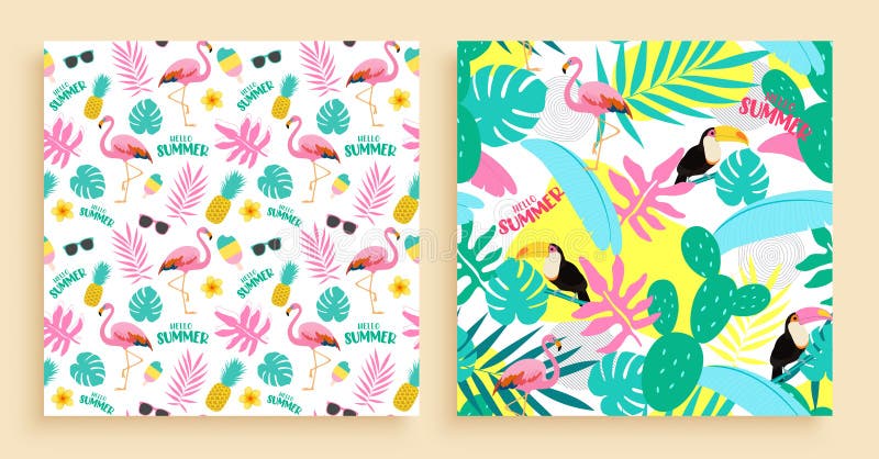 Conjunto de cartazes vetor de padrão uniforme de verão. saudação de verão com pássaro flamingo tucano rosa ilustração royalty free