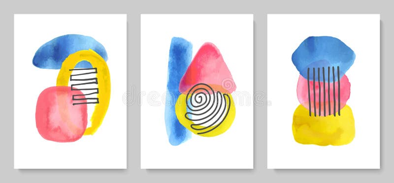 Conjunto de carteles creativos modernos abstractos con formas y líneas de acuarela. estilo dibujado a mano. diseño minimalista par ilustración del vector