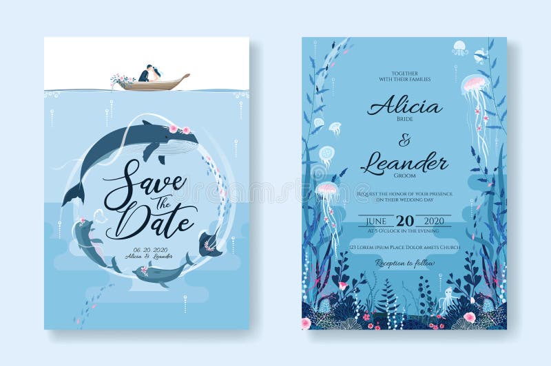 Conjunto de cartões de casamento, Convite, salvar o modelo de data Sealife, sob a imagem do mar Vetor