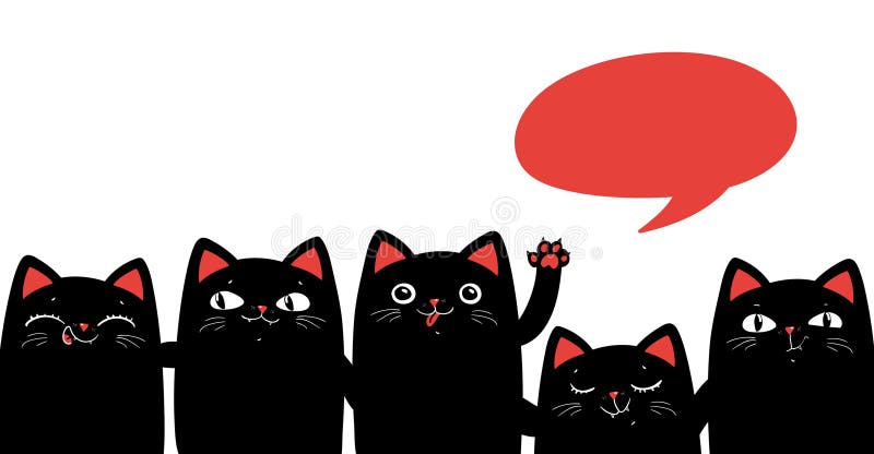 Conjunto de cinco gatos negros. tira cómica kawaii carteles de personajes de gatos negros con burbuja de habla roja. diseño de mod stock de ilustración