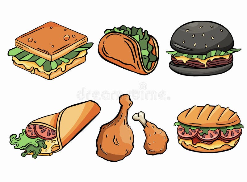 Conjunto De Comida Chatarra Estilo De Dibujos Animados Aislado Sobre