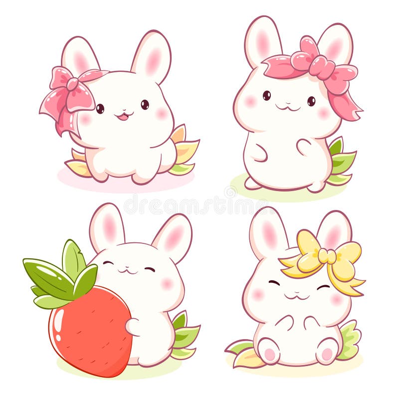 Conjunto de conejitos al estilo kawaii. pequeños conejos en múltiples poses. colección de hojas de expresiones de conejo tierno. p stock de ilustración