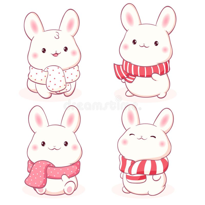 Conjunto de conejitos al estilo kawaii. vacaciones de invierno ambientadas con pequeños conejos en pañuelos. colección de hojas de ilustración del vector