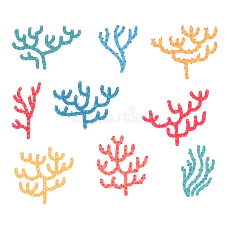  Conjunto De Corales De Dibujos Animados De Diferentes Colores Aislados Sobre Fondo Blanco. Manojo De Especies Marinas Criaturas De Ilustración del Vector