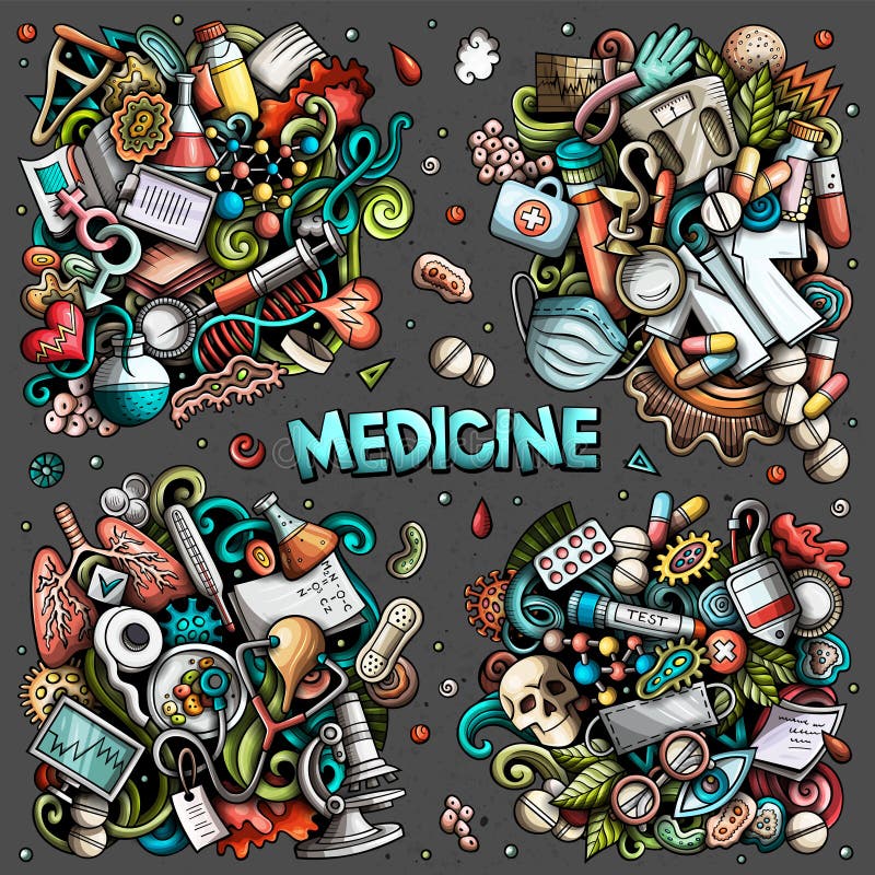 Conjunto de ícones de medicamentos, estilo de desenho animado