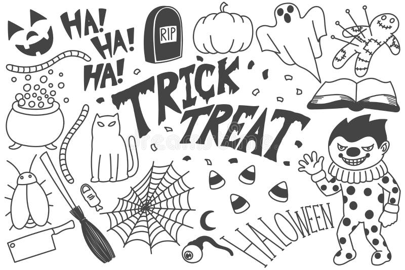 Conjunto doodle desenho mão desenhada halloween preto e branco