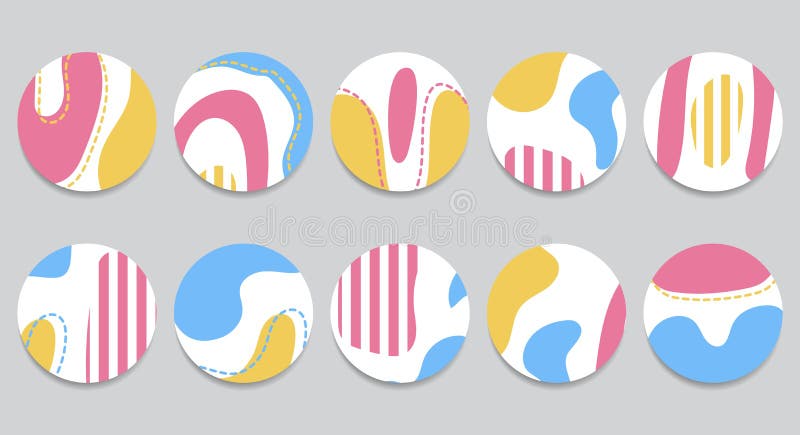 Set of abstract highlights templates for social media in pink, yellow and blue. Abstract shapes. Doodle shapes in contemporary style. Vector illustration. Set of abstract highlights templates for social media in pink, yellow and blue. Abstract shapes. Doodle shapes in contemporary style. Vector illustration