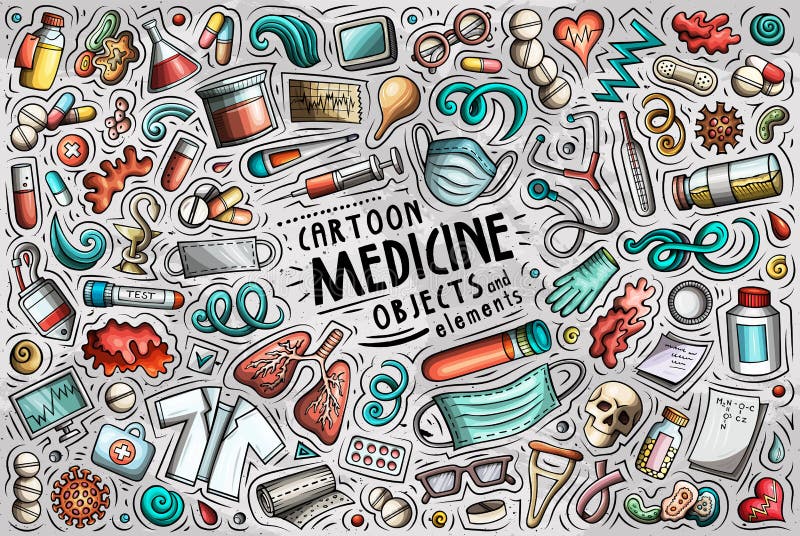 Conjunto De Dibujos Animados De La Medicina Temas Objetos Y Símbolos  Ilustración del Vector - Ilustración de médico, colorido: 216050822