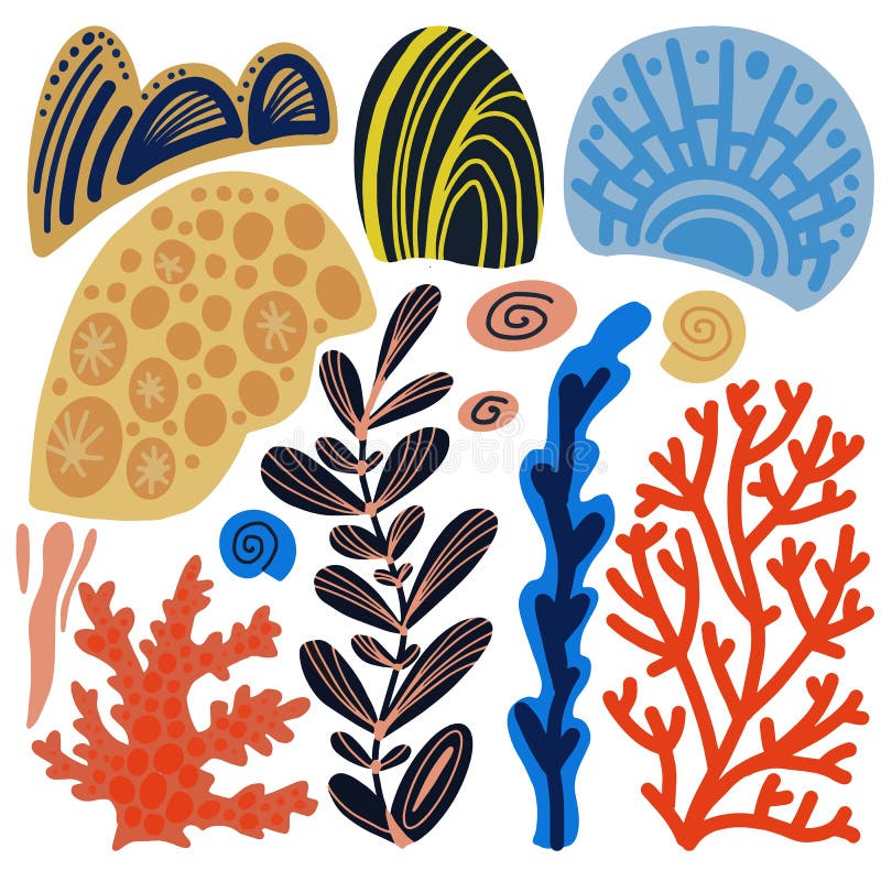  Conjunto De Dibujos Animados Sobre Corales Marinos Elementos Dibujados a Mano Ilustración del Vector