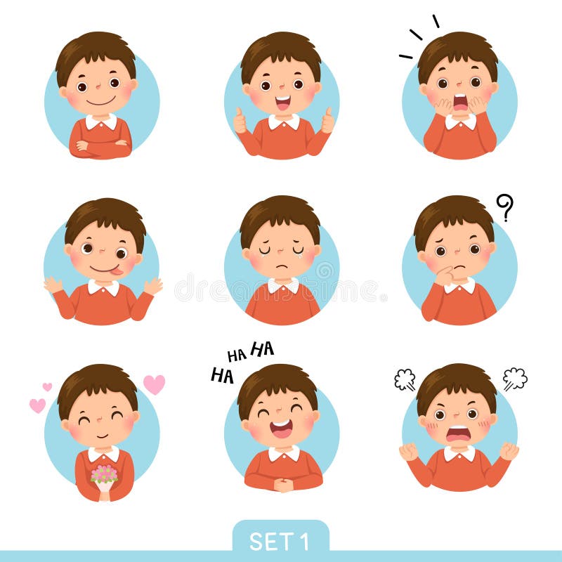 Conjunto de dibujos animados de un niño pequeño en diferentes posturas con diversas emociones. conjunto 1 de 3