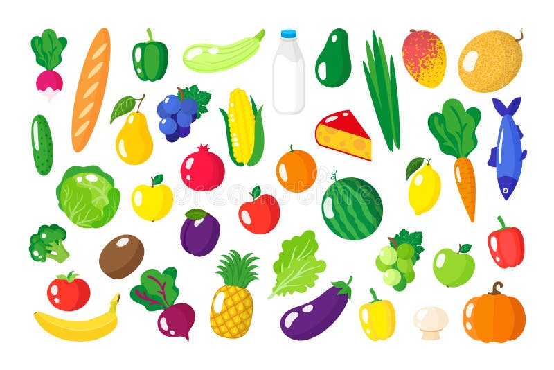 Conjunto De Dibujos Animados Vectoriales De Alimentos Orgánicos, Verduras Y  Frutas Frescos Sanos Aislados En Fondo Blanco Stock de ilustración -  Ilustración de comestibles, alimento: 199796845