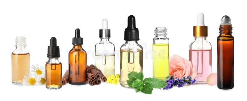 Conjunto de diferentes óleos essenciais utilizados na aromaterapia em banner branco de fundo