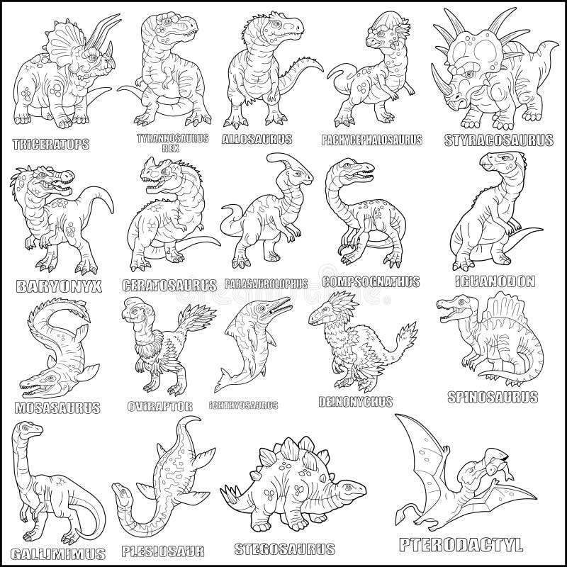 Vetores de Conjunto De Dinossauros De Desenho Animado Para Colorir