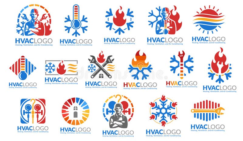 Conjunto de diseños de logotipos HVAC, ventilación de calefacción y aire acondicionado, colección de plantillas de paquetes de lo