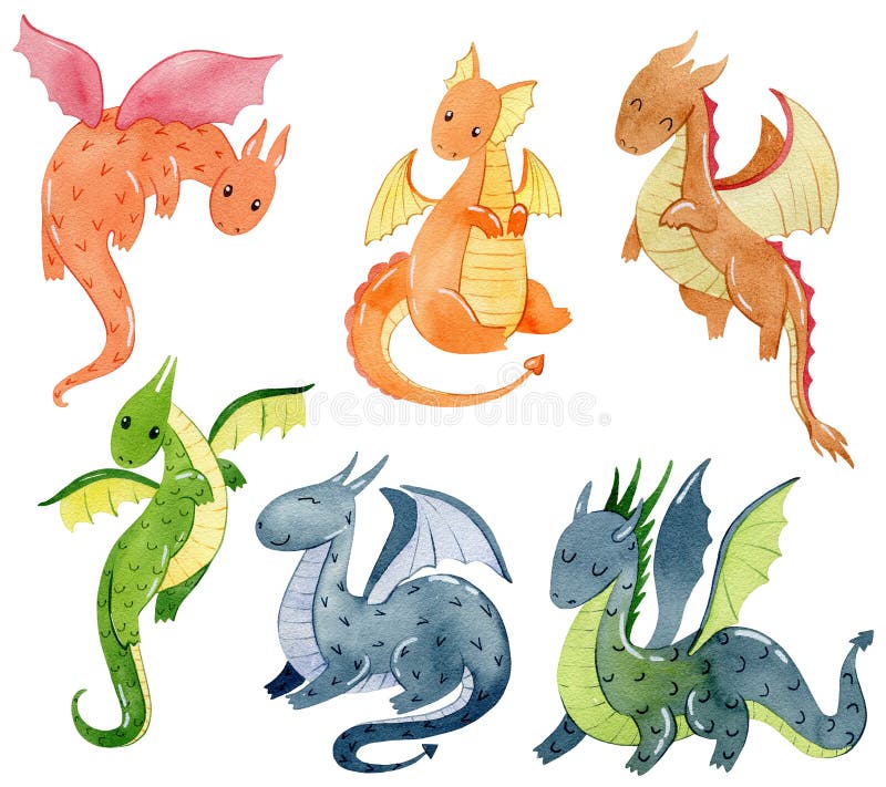 Conjunto De Dragones De Dibujos Animados. Stock de ilustración -  Ilustración de hermoso, criatura: 259248408