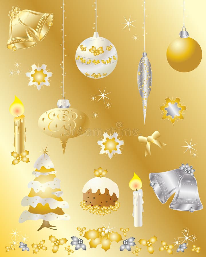 Conjunto de elementos del diseño de la Navidad en oro y plata ilustración del vector Conjunto de elementos del diseño de la Navidad en oro y plata ilustración del vector